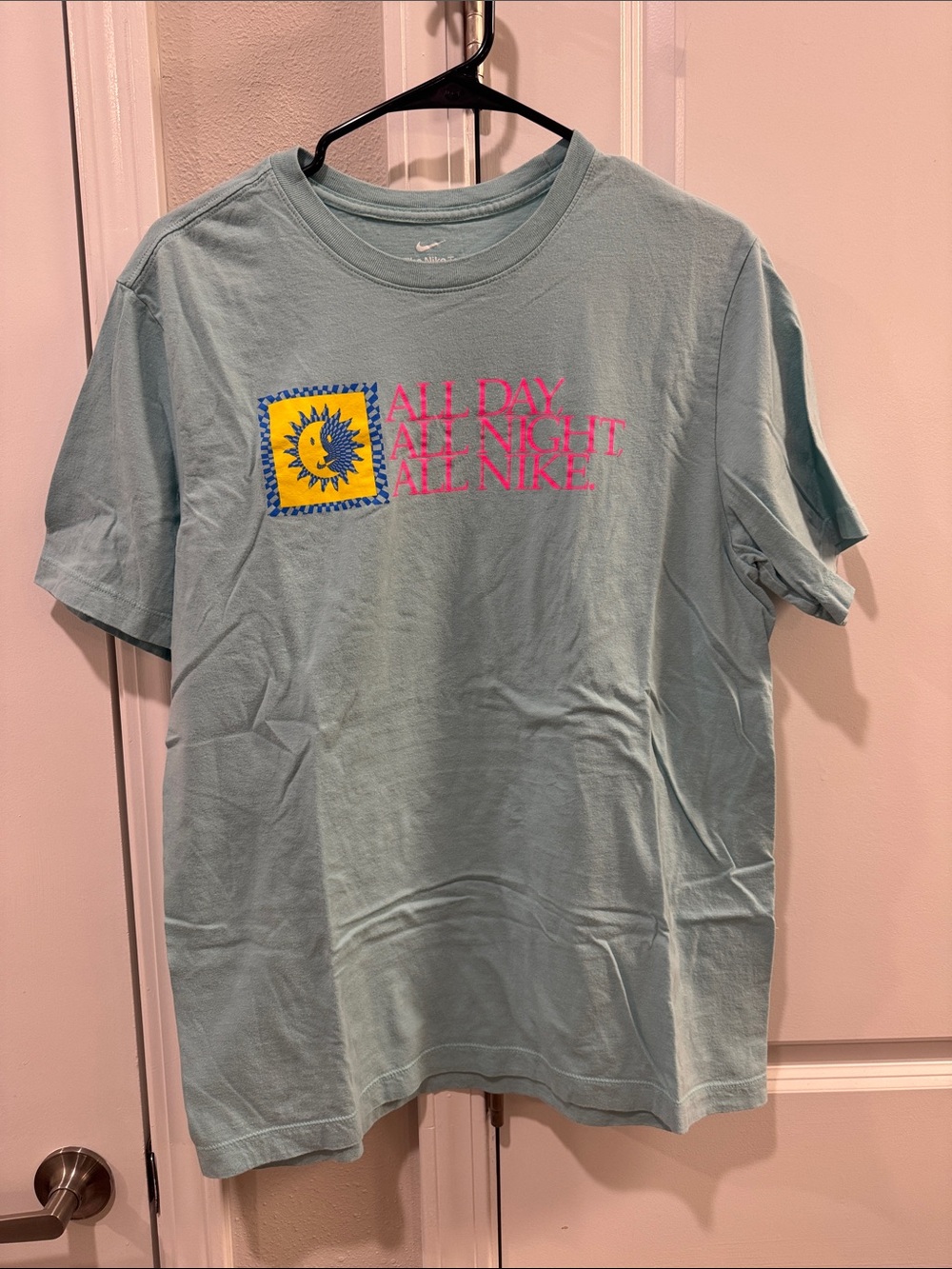 Nike Light Blue Tee with Yellow Sun & Pink Text